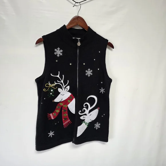 Nouveaux reindeer holiday Christmas sweater vest zip closure Vintage Large - Picture 3 of 9